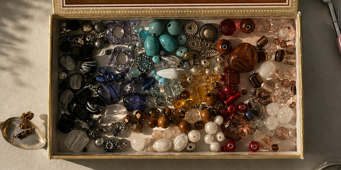Close-up of assorted vintage and second-hand beads arranged together as materials for handmade objects.