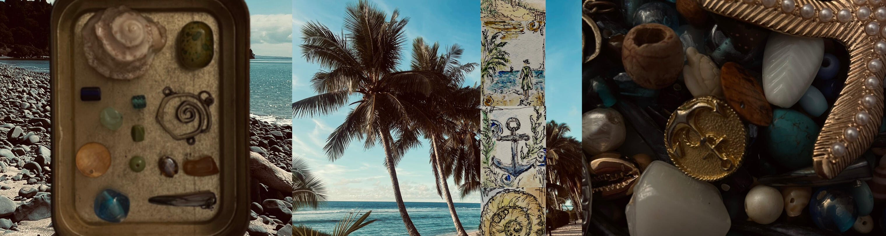 Collection of images gathered from trips, found beads and sketches as inspiration for Collected by the Tide.